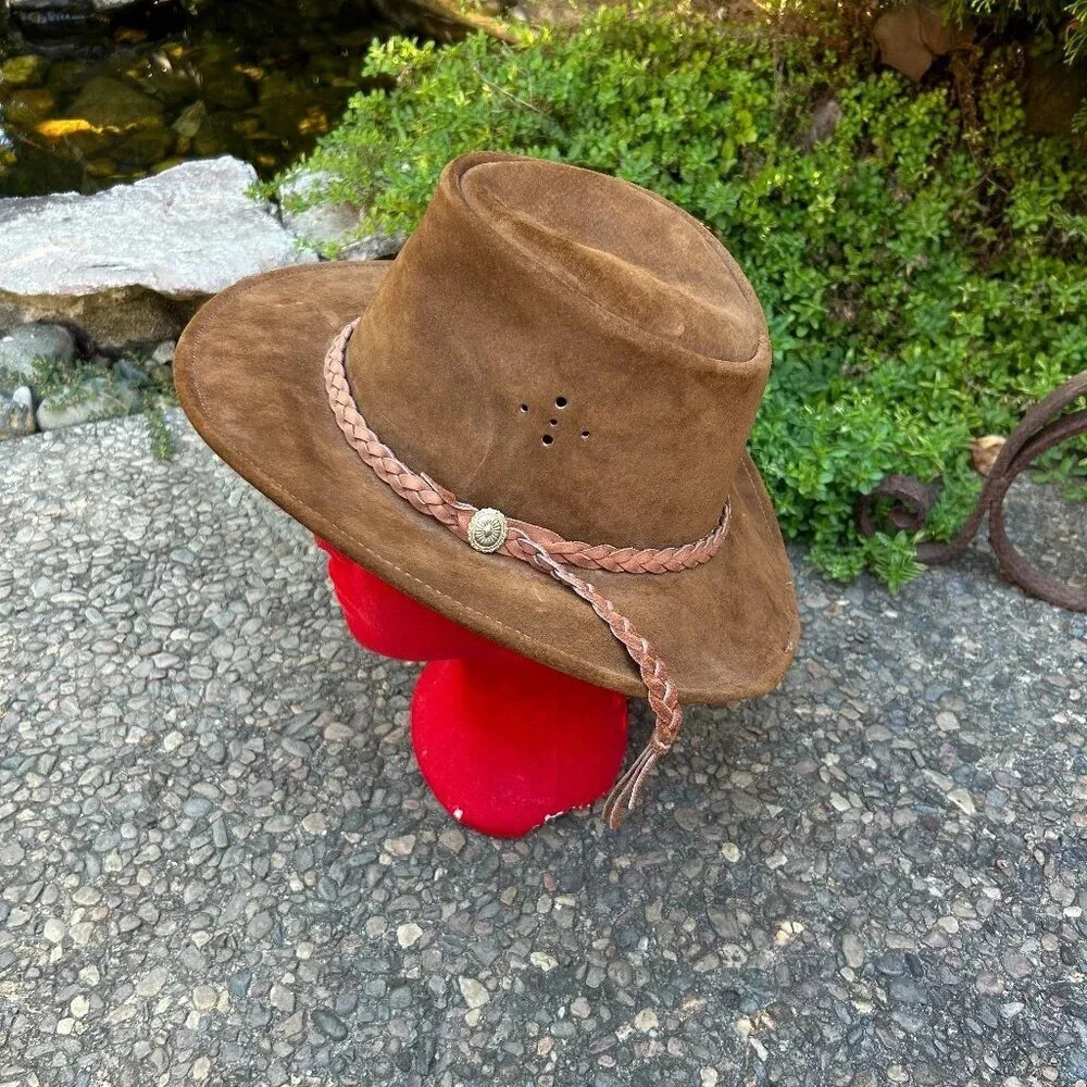 Men's Vintage Brown Suede Leather Woven Braid Hat Brand Cowboy Hat Size Medium